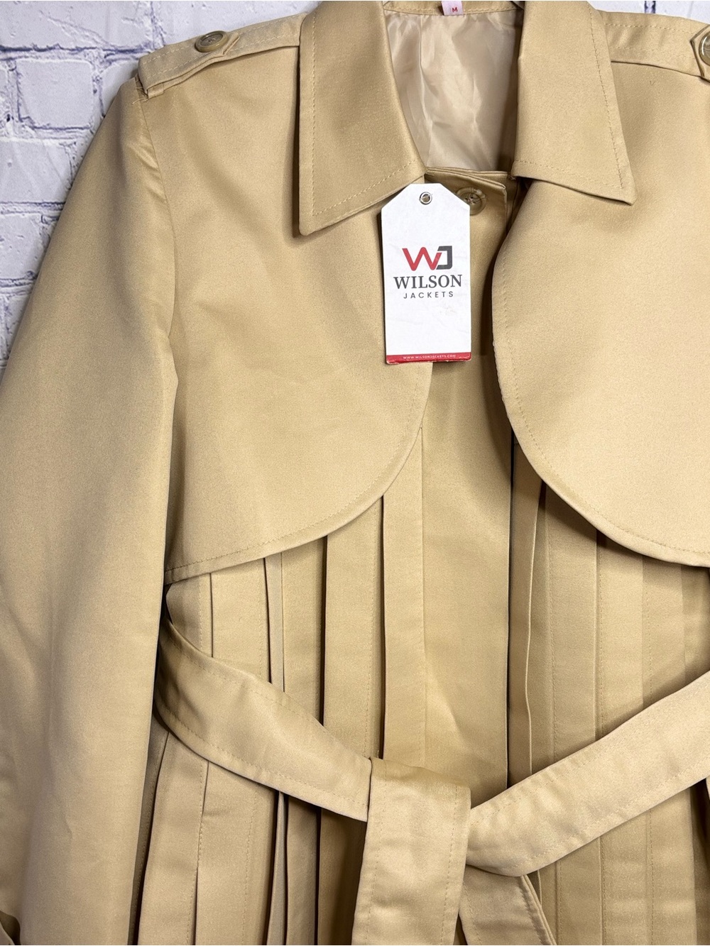 NWT Wilson Jackets Tan Beige Classic Pleated Minimalist Academia Trench Coat M - Picture 4 of 11